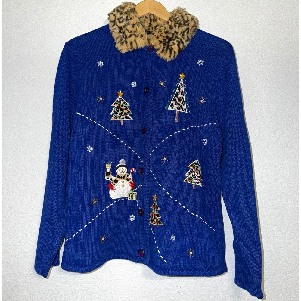 Vintage Crystal Kobe Christmas Cardigan Blue Snowman Trees Faux Fur Collar M